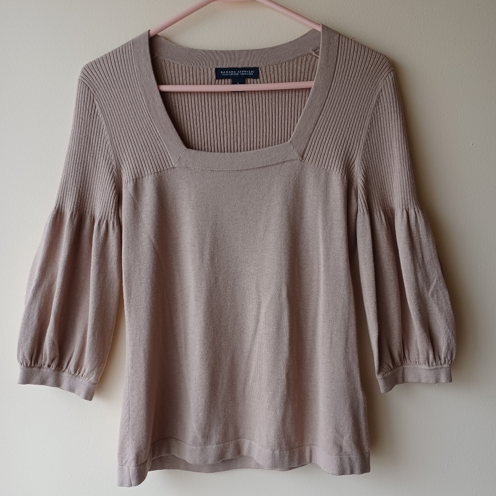 Silk Cotton Cashmere Womens Tan Sweater Square Neck with Puff Sleeve